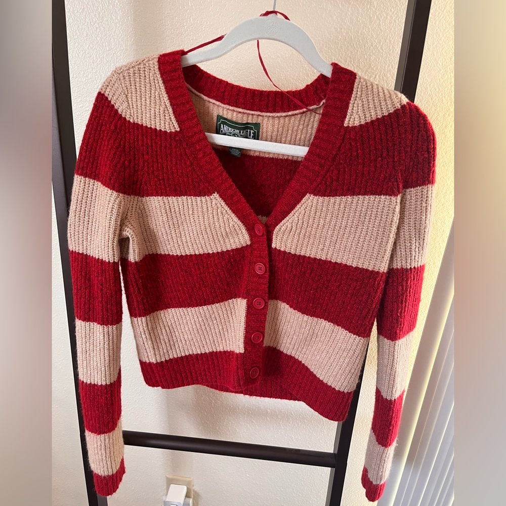 American Eagle Red & Cream Striped Knit Sweater